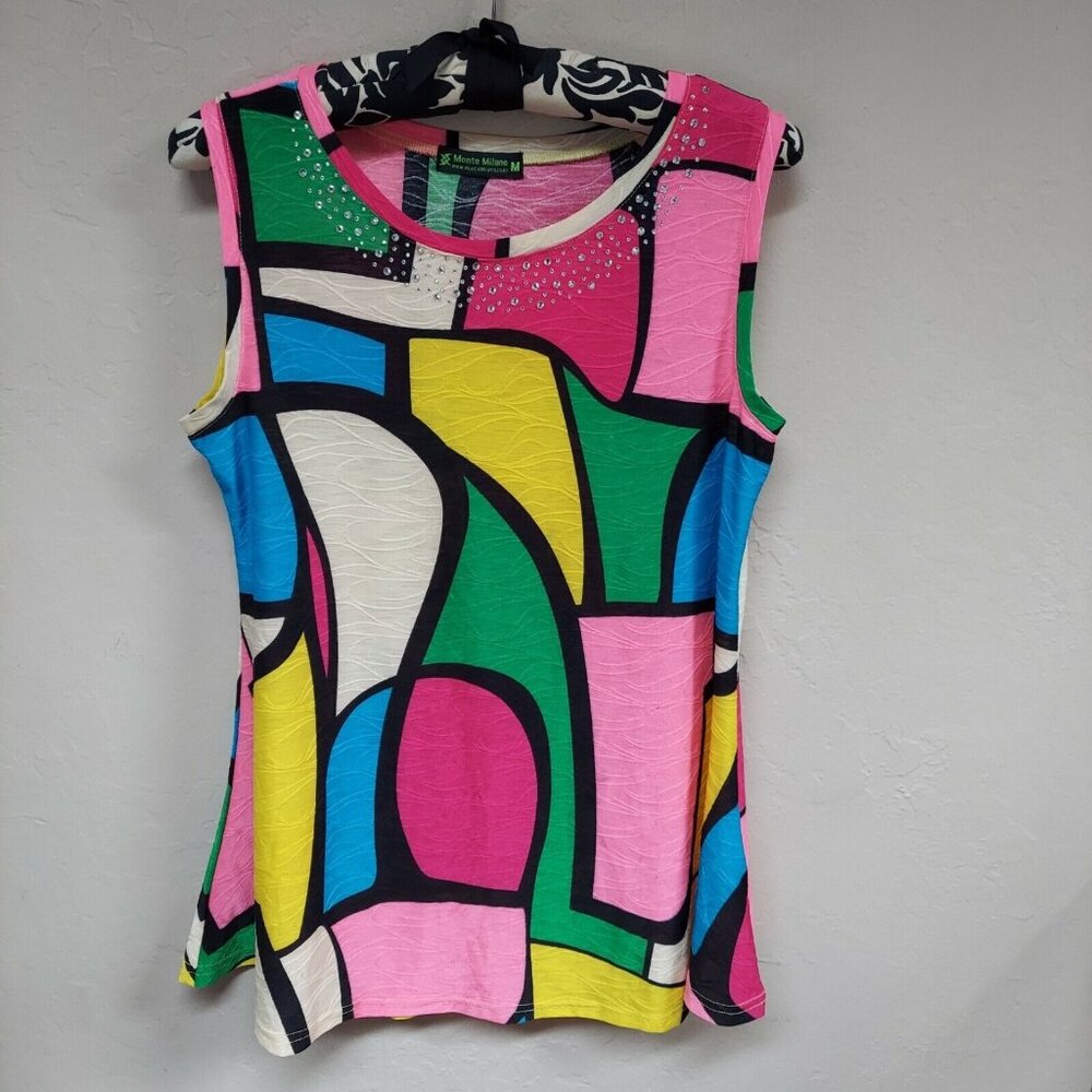 Monte Milano Womens Colorblock Sleeveless Beaded Tank Top Medium Colorful Casual